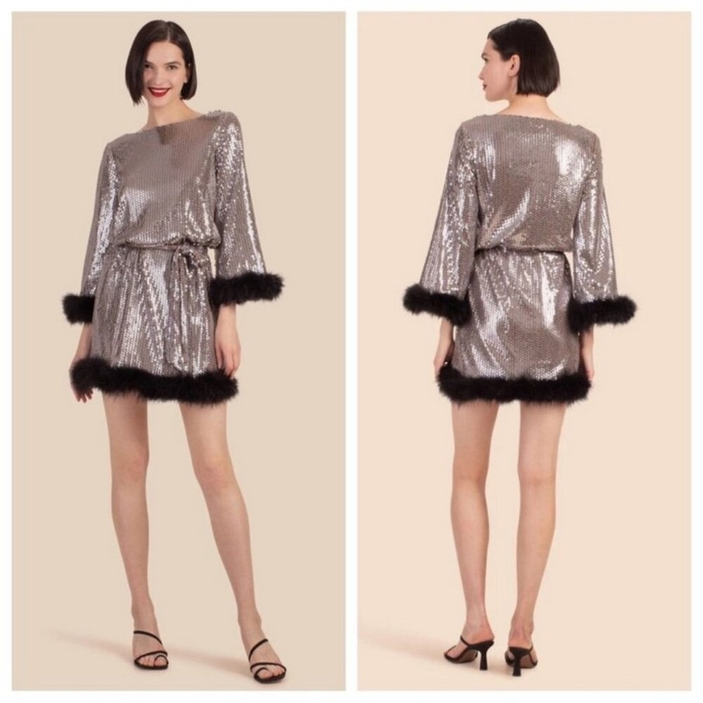 Trina Turk Silver Sequin Long Sleeve Dress